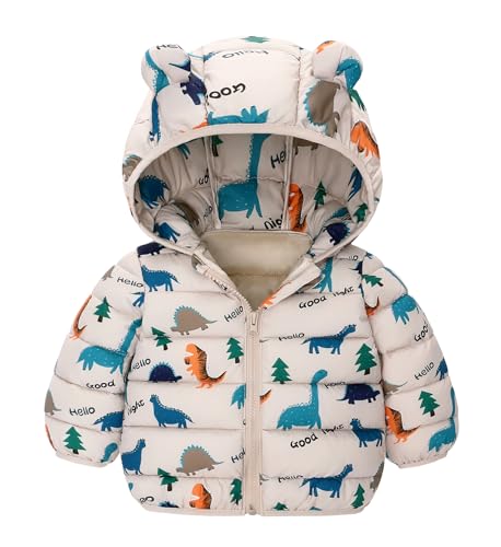SEAUR Baby Boys Girls Hooded Down Jackets Lightweight Snowsuit Soft Cartoon Print Padded Coat Boys Long Sleeve Outwear 2-3 Years Khaki