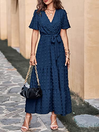 Image of MASCOMODA Women Boho Swiss Dot Maxi Dresses Wrap V Neck Flutter Short Sleeve Solid Tie Waist A Line Tiered Flowy Long Dresses