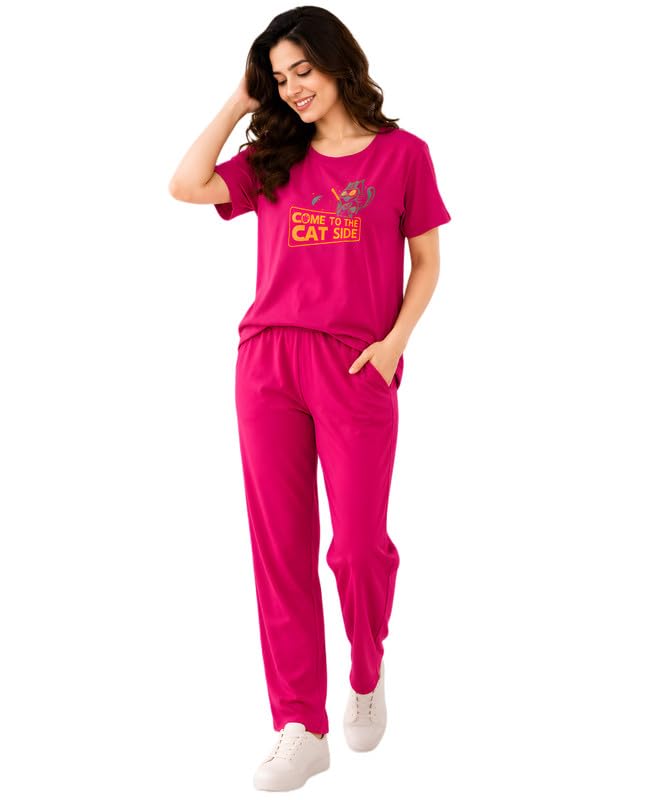 elvia Women's Pure Cotton Top and Pyjama Co-Ord Set | Printed Night Suit | Regular Fit Half Sleeve Round Neck T-Shirt with Pajama Loungewear Sleepwear Set for Women (Rani, 4XL)-picture-36