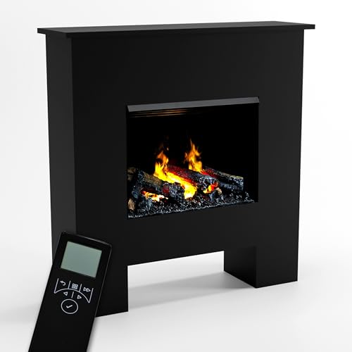 GLOW FIRE Wasserdampf Kamin Poseidon (Standkamin) - Elektrokamin mit Heizung und Kaminfeuer - Kaminkonsole aus Holz mit patentiertem Opti-myst-LED Kamineinsatz, 103x105x29 cm - Grau