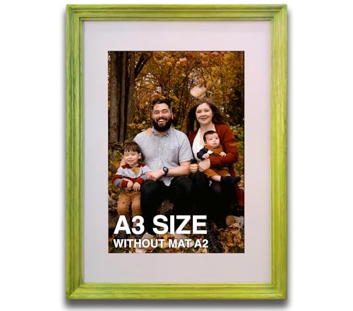 Image of A3 Size Wooden Photo Frame with Mat, Green Photo Frame for Wall Decoration, Home Decor for Wall Hanging, Best Wooden Photo Frame for Posters and Photos (A2 Size Matted to A3 Size)