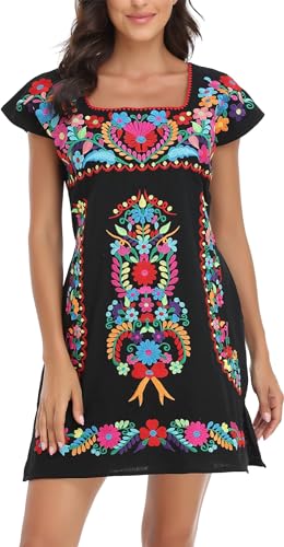 Image of YZXDORWJ Women Mexican Embroidered Dress Ruffle Collar Sleeveless