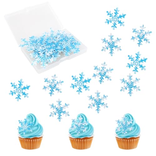 50pcs Flocons de Neige Comestibles, Décorations Comestibles pour Cupcakes en Forme de Flocon Neige pour un Anniversaire ou Noël sur le Thème la Reine Des...