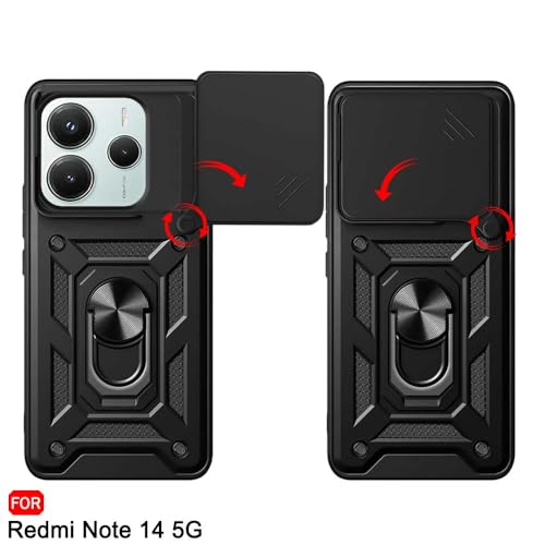 Image of TheGiftKart Tough Armor Bumper Back Cover Case for Mi Redmi Note 14 5G / Note 14 SE 5G | Rotating Camera Cover, Kickstand & Ring Holder | 360 Degree Protection Back Cover Case (PC & TPU, Black)