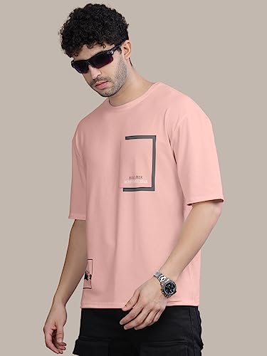 Image of BULLMER Peach Trendy Front Printed oversized Round Neck T-shirt for men