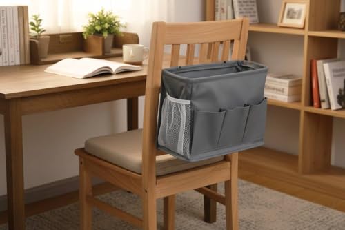 Pomodee Bedside Hanging Bag Storage Organiser,Bed Pocket with Adjustable Tape for Dorm Utility Carts Bed Rails Hospital Beds,Bedside Caddy Hanging Basket,Grey - Image 2