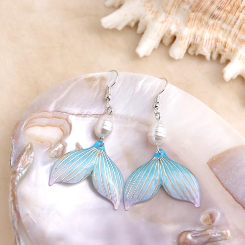 Image of Gold Starfish Mermaid Tail Dangle Drop Earrings for Women, Trendy Cute Pearl Fish Tail Shell Textured Hoop Dangling Earing Summer sea Beach Jewelry Gift.