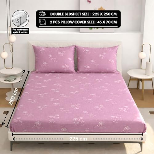 Image of King Size Bedsheet Cotton for Double Bed | Flat - 90x100 Inch, Floral, Soft & Breathable, Fade & Shrink Resistant, 2 Pillow Covers | Blush Petal Breeze, Mauve Pink