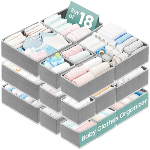 Image of RFAQK 18 Pack Drawer Organizer Clothes-3 Sizes Dresser Organizer for Underwear Closet, Baby Clothes Organizer for Wardrobe-Foldable Fabric Drawer Dividers for Bedroom,Lingerie,Undies,Bra-Grey