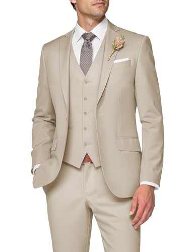 SPTALLFITJSV 3-teiliger Anzug für Herren, schmale Passform, Hochzeitsanzüge für Herren, elegante Ein-Knopf-Jacke, einreihige Weste, Hose, Beige, XL