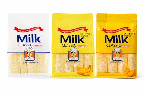 Milk Rice Snack Variety Pack – 3 Flavors (Milk, Banana & Cheese), Non-Fried Crispy Korean Rice Snack, Individually Wrapped Kids School Snack, Melt-in-the-Mouth Rice Crackers - image 1
