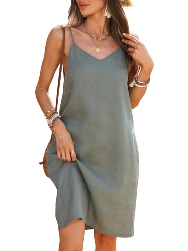 Image of Women's 100% Linen Dress Spaghetti Strap Adjustable Strap V Neck Sleeveless Sundress Summer 2026 Beach Vacation