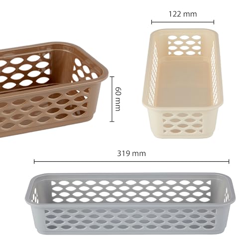 Image of RATAN PLASTICWARE Diana Tray Rectangular-Narrow (Pack of 6) Plastic Storage for Desk Basket /Organizers for Stationery, Jewellery, Tools,Kitchen, Office- Lt Brown /Daiso Grey /Twist Beige