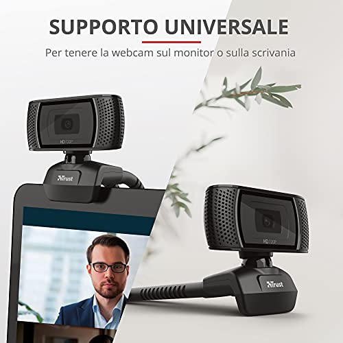 Trust Trino Webcam HD con Microfono Incorporati, 1280 x 720, USB 2.0, Video Camera per PC con Pulsante Foto, Supporto Universale, per Mac, Windows, Laptop, Computer, Teams, YouTube, Zoom - Nero