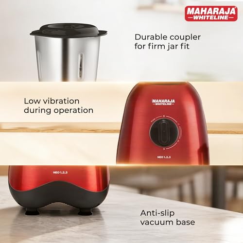 Image of Maharaja Whiteline Neo 1..2..3 Mixer Grinder | 500 W Motor, 20,000 RPM | Long Running Time, Cooler Operation | Durable Coupler, Vacuum Foothold | Stainless Steel Blades | 2 Versatile Jars