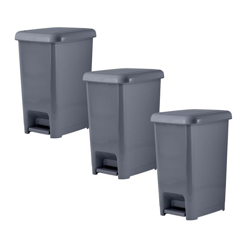 Image of Superio Slim Trash Can with Foot Pedal - 2.5 Gallon Step-On with Lid, Small Plastic Bin for Bathroom, Kitchen, Office, Under Desk, Bedroom, Dorm - Onyx Grey, 3-Pack