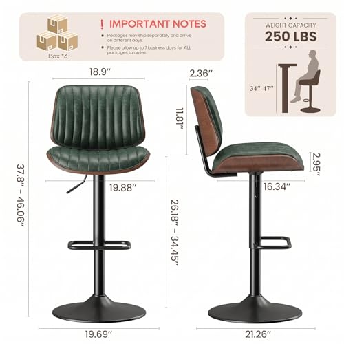 Image of MALOL Bar Stools Set of 6, Adjustable Counter Height Bar Chairs 26 inch-34.5 inch with Swivel & Footrest, Modern Faux Leather Barstools for Kitchen Island, Dining Room,Pub,Green