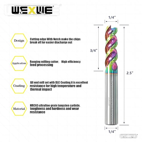 Image of Tools Roughing End Mill, DLC Diamond-Like Coating Carbide Milling Cutter for Aluminum, Copper, Magnesium Alloys, Composite Materials, 3 Flute, 1 /4 inch Shank (1 /4-2.5 inch 2PCS)