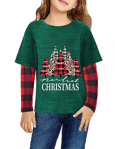 Image of Arshiner Girls Christmas Halloween Long Sleeve Shirts Graphic Stripe Plaid Patchwork Top Tee