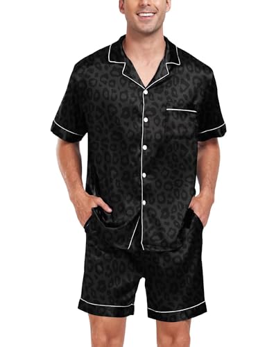 Image of SWOMOG Men Satin Silk Pajamas Sets Short Sleeve Sleepwear Button-Down PJs Sets Two-Pieces Loungewear with Pockets