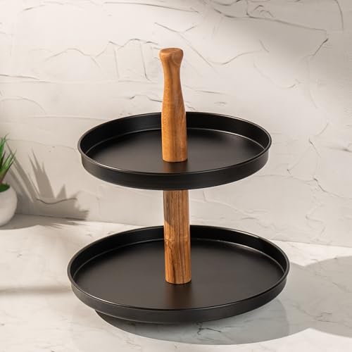 Image of Dusk Multipurpose Serveware - Metal & Acacia Wood 2-Tier Stand - Serving Stand for Snacks, Desserts & Table Display (12.5x12.5x14.5 inches)