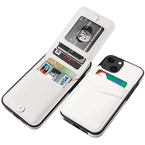 Image of KIHUWEY Compatible with iPhone 13 Case Wallet with Credit Card Holder, Premium Leather Magnetic Clasp Kickstand Heavy Duty Protective Cover for iPhone 13 6.1 inch(White)