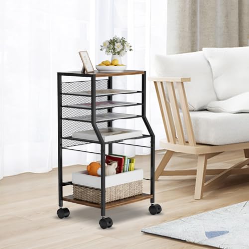 BOHDK Rolling File Cart, 6-Tier Under Desk Organizer on Lockable Wheels, Brown Wood Planks & Mesh File Cart with Hanging File Folders Rack and Paper Trays for Office Home, 14.7\" L x 11.8\" D x 27.5\" H