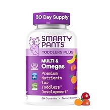 SmartyPants Toddler Plus Multi & Omegas Multivitamin Gummies, Omega 3 DHA/EPA, Vitamins D3, C, B12, B6, A, K, Zinc, Biotin, Gluten Free, Clean Label, Low Sugar, 3 Flavors, 60 Gummies (30 Day Supply)