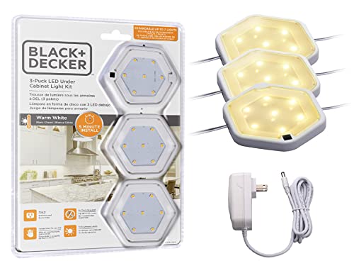 BLACK+DECKER LEDUC-PUCK-3WK LED Puck Light Kit, Tool-Free Install, Dimmable, 3-Pack, Warm White