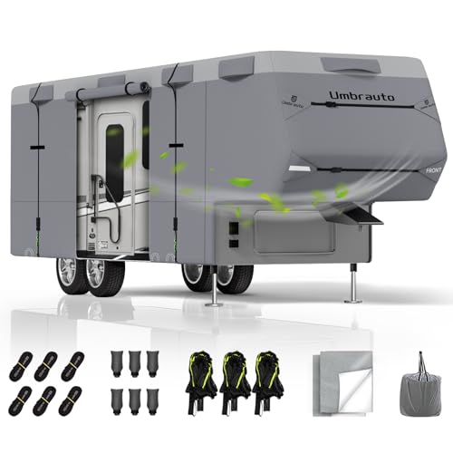 Umbrauto 5th Wheel RV Cover Extra-Thick Windproof Camper Cover Travel Trailer Motorhome with 6 Gutter Cover Adhesive Repair Patches, Ladder Cover