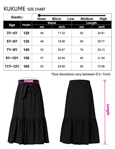 Geru Girl's Button Midi Skirts Casual High Elastic Waist A Line Pleated Midi Chiffon Black Skirts With Pockets 3-4 Years #TOP6
