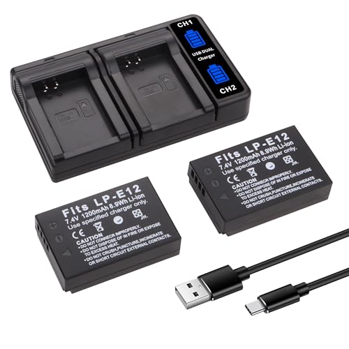 TZRONG 2-Pack LP-E12 LPE12 Battery and LED Dual Charger for Canon EOS M50 M50 Mark II EOS M M2 M10 M100 M200 SX70 HS Rebel SL1 Mirrorless Digital Cameras