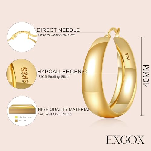 EXGOX Gold Hoop Earrings for Women Sterling Silver Post Hoops Earrings for Women Wide Thick Silver Hoop Earrings Hypoallergenic Lightweight 14k Real Gold Plated Hoop Large Earrings (25/30/40/50MM)2