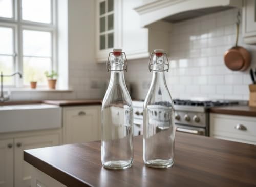 Image of Vency Fliptop Glass glass bottle 1 litre for Fridge, Transparent, Leakproof Flip Cap, Airtight Seal, for Milk, Juice, Cold Beverages, Durable, Scratch-Proof, Freezer Safe (Rocco)