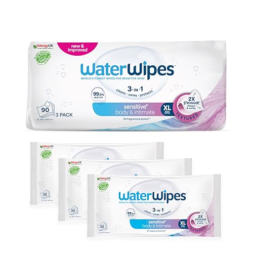 WaterWipes Sensitive+ Body & Intimate Wipes, 90 Wipes (3 Packs), 3-In-1 Cleans, Cares, Protects, 99.9% Water, Unscented & Hygiene Wet Wipes, Adult Care