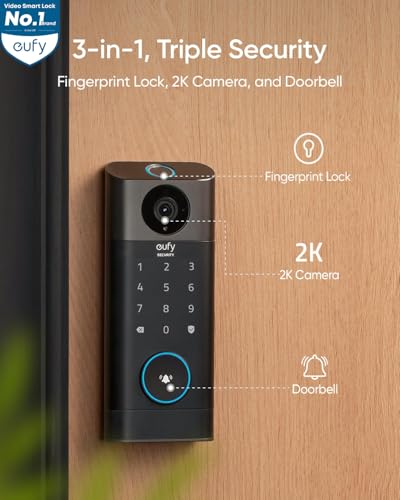Image of eufy Security Video Smart Lock S330, 3-in-1 Camera+Doorbell+Fingerprint Keyless Entry Door Lock, Smart Wi-Fi Deadbolt for Front Door, 8 GB Built-in Storage, SD Card Expandable, Chime Included