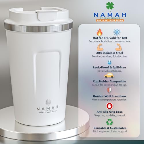 Image of Namah Insulated Coffee Mug Travel with Lid - 380ML Stainless Steel Coffee Tumbler Cup for Office & Home, Leak Resistant Matte Finish Hot & Cold Travel Coffee Mug for Men & Women Girls Gift- White