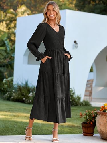 Image of Simplee Womens Long Sleeve Smocked Maxi Dress Tiered V Neck Flowy Fall Wedding Guest Long Dresses with Pockets