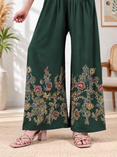 Image of Women's Rayon Bird Flower Print Loose fit Palazzos Pants Free Size 28 to 40