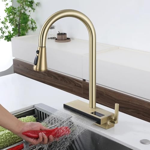 Évier cascade cuisine blanc à affichage température hydroélectrique et douchette rétractable