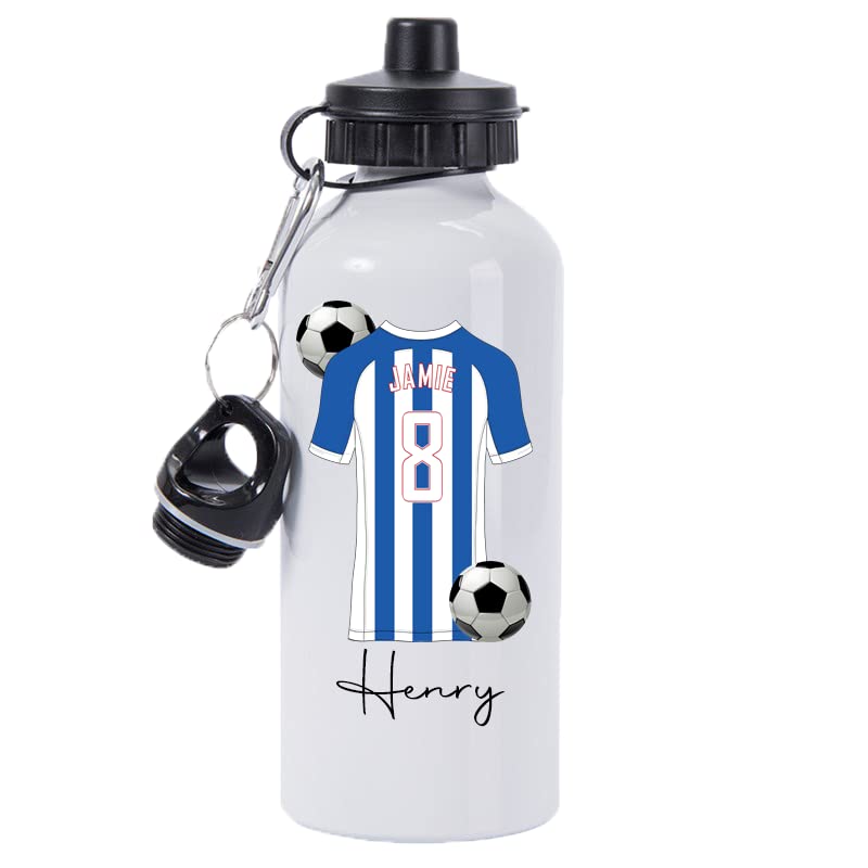 Personalised Football 600ml White Aluminium Sports Water Bottle Back to School Gift for Kids, Customised with Name / Number / Text with Football Shirt Jersey Blue & White Horizontal Stripes Kit (D7) โ image 1