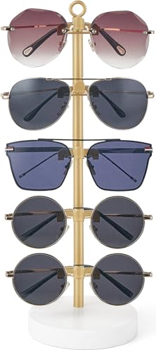 Dahey Sunglasses Organizer Metal Frame Glasses Holder Stand Anti Scratch Rack with Wood Tray for Eyeglasses Storage Display, Up to 5 Pairs of Eyewear for Desk Table Dresser Bedroom Nightstand Decor