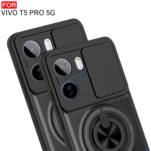 Image of AESTMO Vivo T5 Pro 5G Back Cover | Armor Camera Slider 360 Degree Rotating Finger Ring Holder Case with Bracket Stand Back Case Cover (Compatible with MagSafe Accessories) (Black)