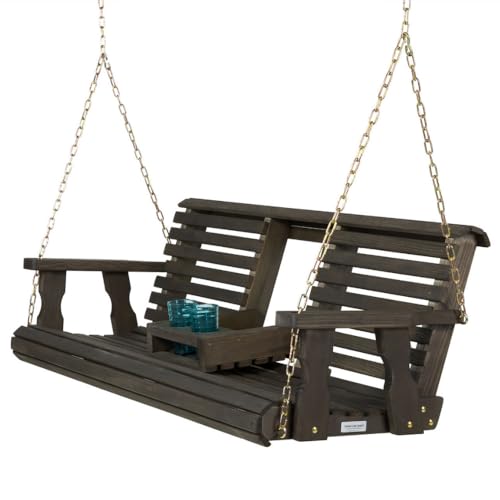 Porchgate Amish Heavy Duty Console Porch Swing with Fold Down Cup Holders in Cedar Stain - Amish Made in The USA from Treated Pine Hanging Chains Included product thumbnail 9