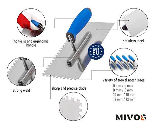 Mivos Toothed Smoothing Trowel 6 x 6 mm, Stainless Steel Toothed Smoothing Trowel 270 x 130 mm, Trowel with Soft Grip - Image 2