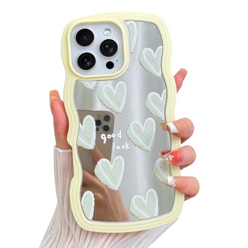Coque iPhone 16 Pro Max design cœurs jaunes et miroir avec bords ondulés antichoc