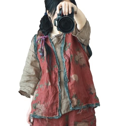 Women's Linen Short Vest Vintage Chinese Printed Sleeveless Clashing Vest Lightweight Casual Vacation Tops Cardigan