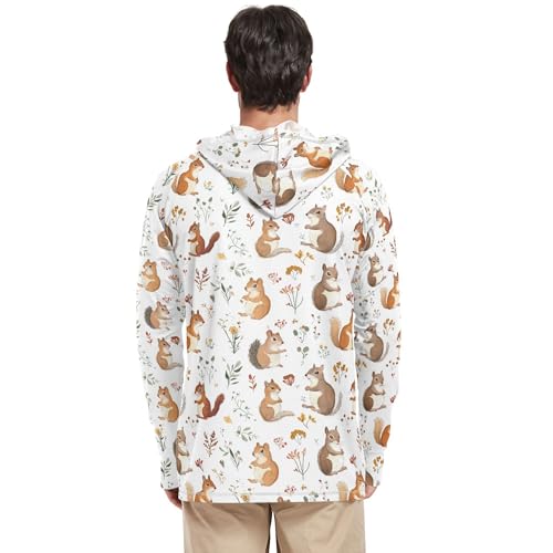 Funny Squirrel White Men's Sun Shirts Hoodies Long Sleeve Rash Guard Shirts UPF 50+ Sport Shirt S3