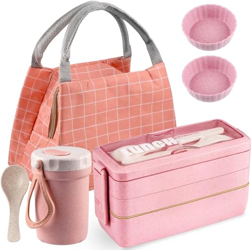 Image of Stackable Bento Box with Lunch Bag, 3 Compartment Japanese Lunch Containers, Wheat Straw, All-in-1 Bento Lunch Box Kit for Adults Meal Prep Lunch Snack by Iteryn
