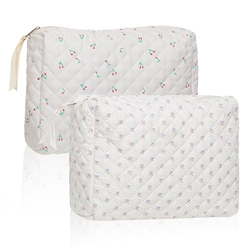 SKHAOVS 2 Piezas Neceser Grande, Bolso de Cosméticos de Viaje Bolsa de Maquillaje Mujer Bolsa de Viaje de Algodón con Cremallera Neceser Maquillaje, Bolsa Maquillaje para Viajes, Vacaciones (Blanco)